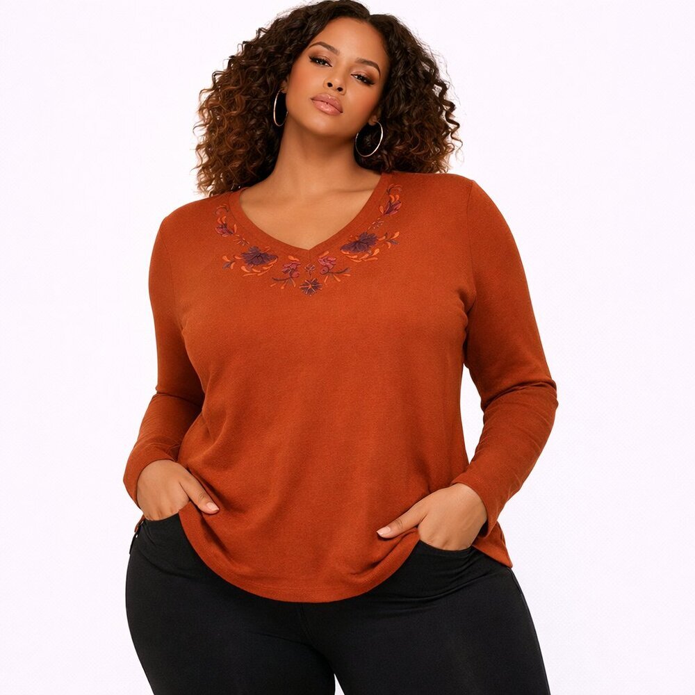 Studio Works Burnt Orange Embroidered V-Neck Long Sleeve Tee Size 2X Plus